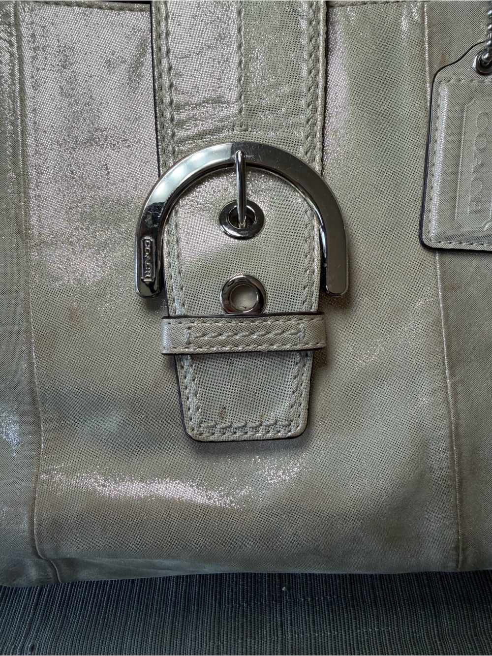Coach Metallic Silver Leather Tote with Buckle Accent F18751 - Picture 2 of 10